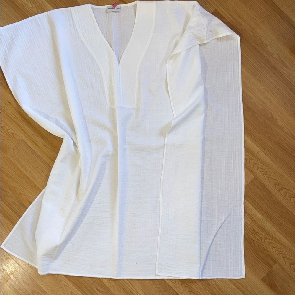 Frances + Flora White V-Neck Poncho Cotton Swim Coverup Kimono Resortwear One S